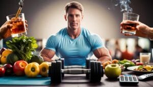 Cancer Risk - A health-conscious person surrounded by daily habits, unhealthy foods, and physical inactivity. The image contrasts unhealthy habits with healthier choices such as fruits, vegetables, and exercise