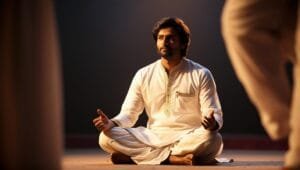 A man sitting on the ground wearing a white outfit.