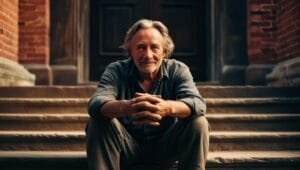 A middle-aged man sitting on the steps of a building.