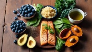 A table with blueberries, kale, quinoa, chia seeds, spinach, salmon, sweet potatoes, avocados, and green tea