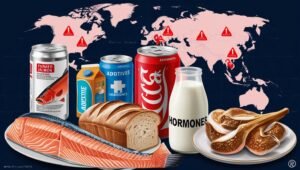 Illustration of banned foods in different countries, including farmed salmon, soda with additives, bread with preservatives, milk with hormones, and foie gras, with a world map in the background highlighting food restrictions.
