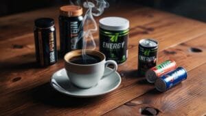 Cup of coffee and energy supplements on a rustic wooden table, representing alternatives to Boosting Natural Energy naturally