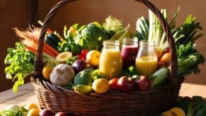 A variety of fresh vegetables, fruits, and healthy juices in a brown woven basket.