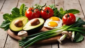 Fresh avocado, tomatoes, eggs, mushrooms, spring onions, and leafy greens.