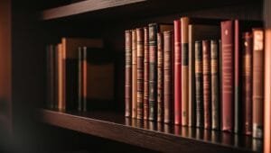 Books on a brown wooden shelf.