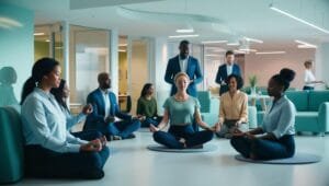 Mental Health in the Workplace Group of professionals in an office engaging in wellness activities, promoting mental health and emotional well-being in the workplace.